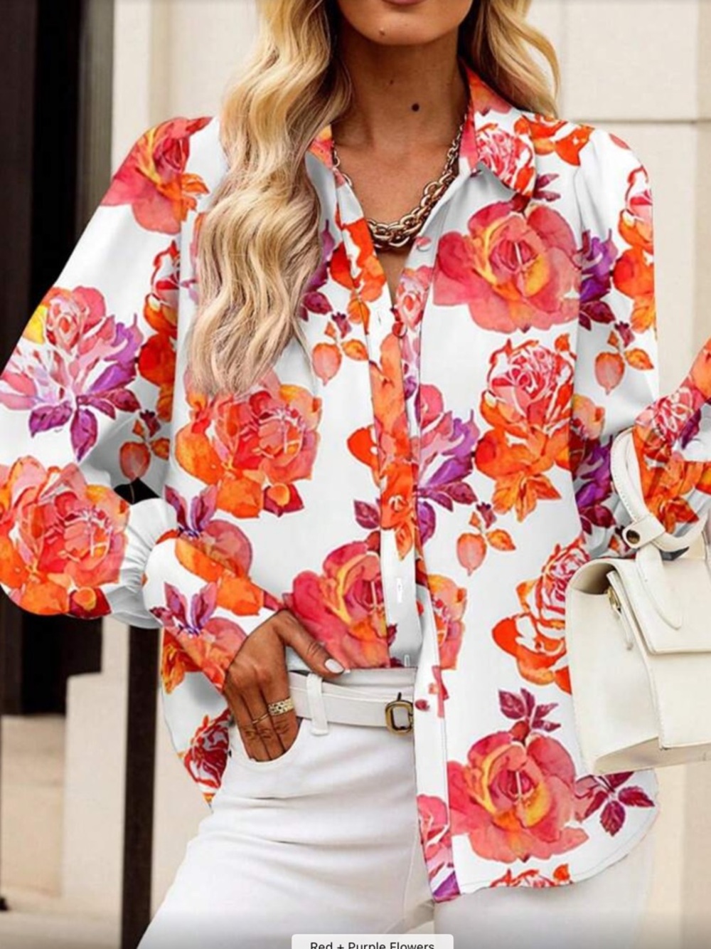 Boho Floral Print Orange  and White  Button Down Top